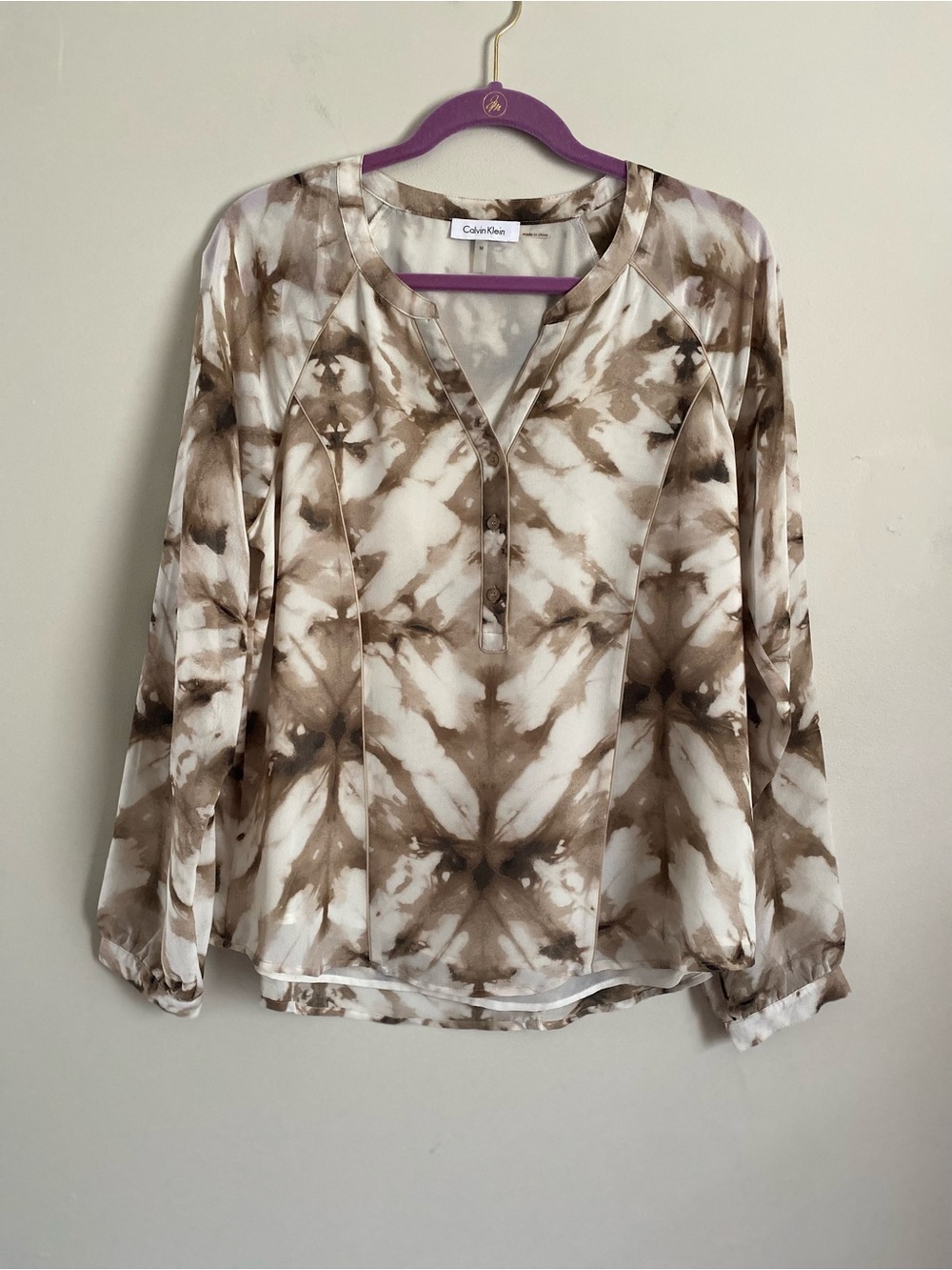 Calvin Klein Blouse M Abstract Tie Dye Coquette Sheer Earthy Boho Flowy Cottage